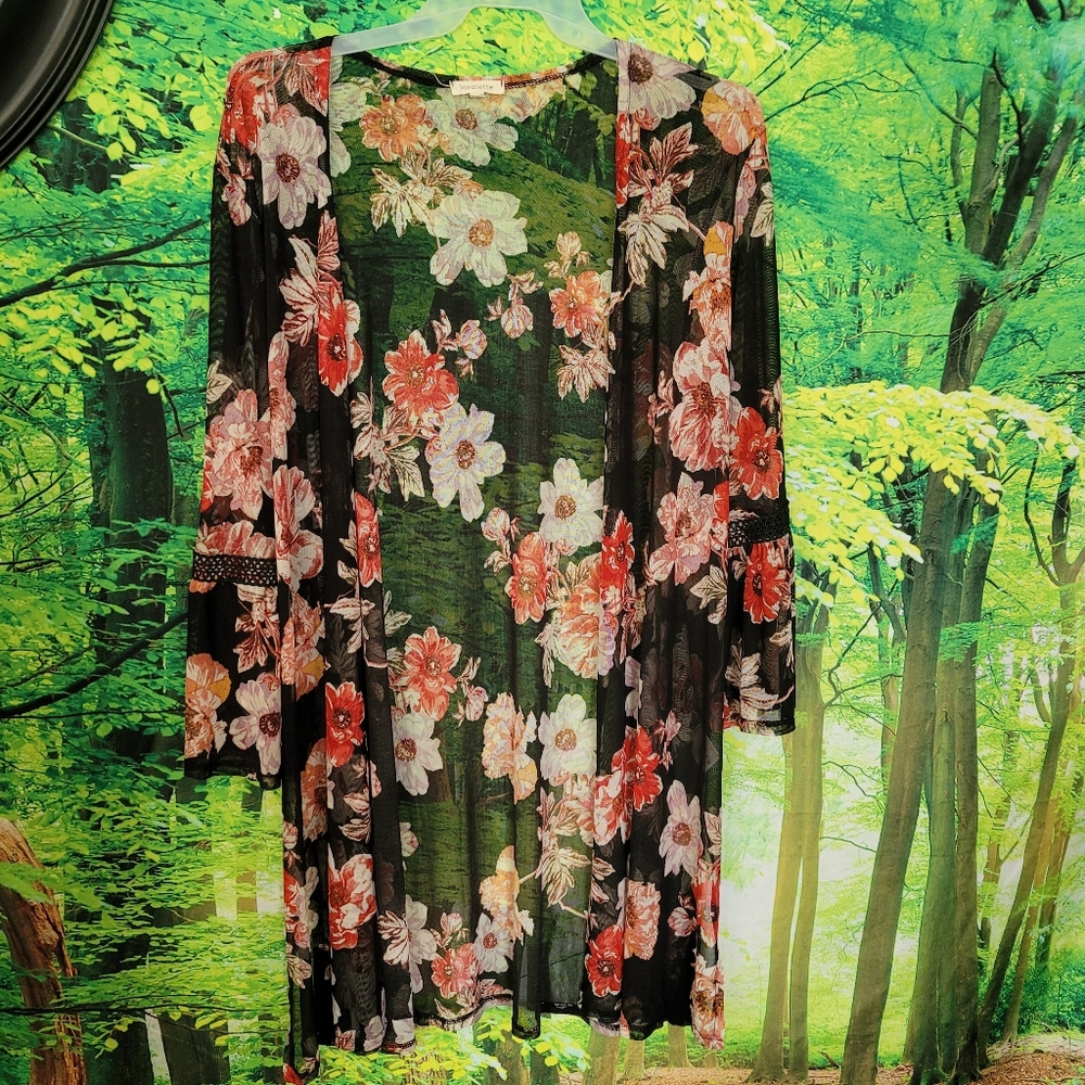 (3352-4) Loralette, 3X, Cardigan, Sheer,cover up,black/Red Floral